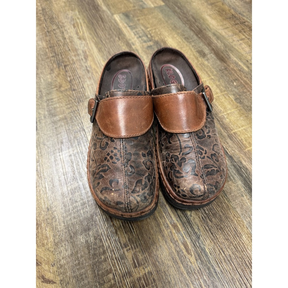Klogs Footwear Brown Leather Embossed Floral Buckle Mules Clogs Shoes Womens 6m